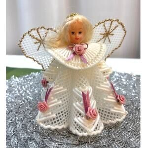 Vintage Christmas Angel Kitschy Needlepoint Plastic Canvas Decoration Figurine